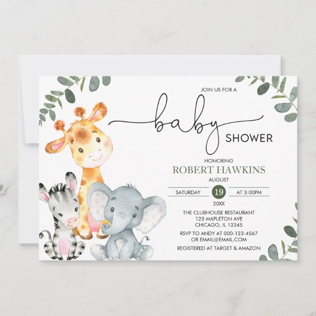 Invitación Sexo Verde Safari Neutral Animales Baby Shower (Anverso)