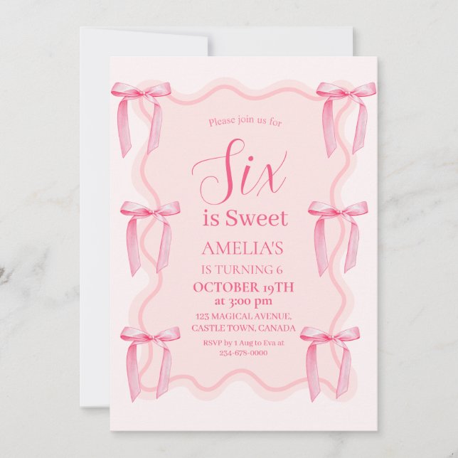 Invitación Sexto cumpleaños de Cute Pink Bow (Anverso)