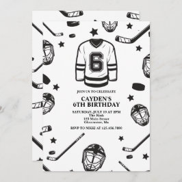 Invitación Sexto cumpleaños de hockey negro y blanco