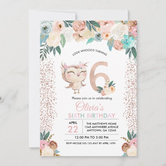 Invitación Sexto cumpleaños de Peachy Owl (Anverso)
