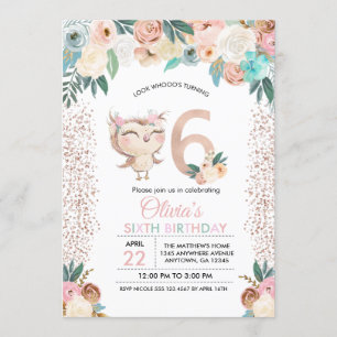Invitación Sexto cumpleaños de Peachy Owl