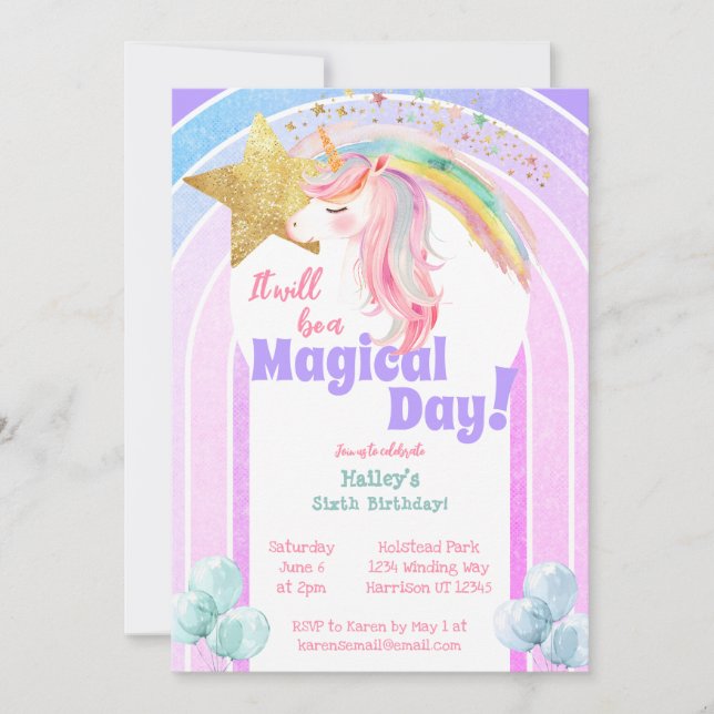 Invitación Sexto cumpleaños de Rainbow Unicorn mágico (Anverso)
