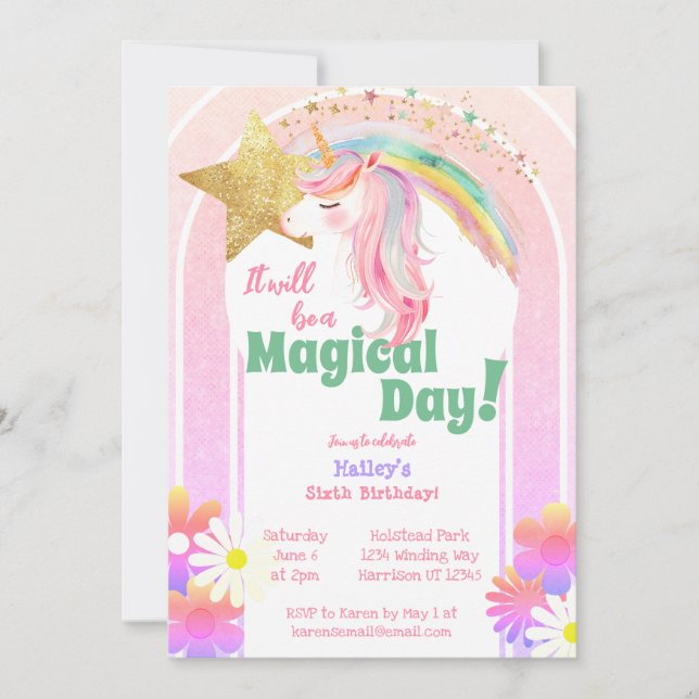 Invitación Sexto cumpleaños de Unicornio, Purpurina mágico (Anverso)