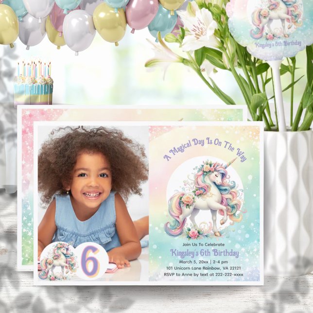 Invitación Sexto Tema Unicornio Cumpleaños Pastel Arcoiris (Sixth 6th Unicorn Theme Birthday Pastel Rainbow Invitation)