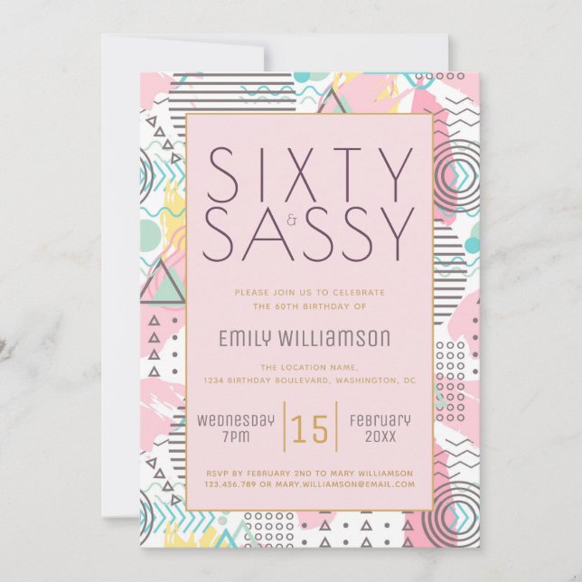 Invitación Sexty & Sassy Pink 1980 Memphis Design 60th Part (Anverso)