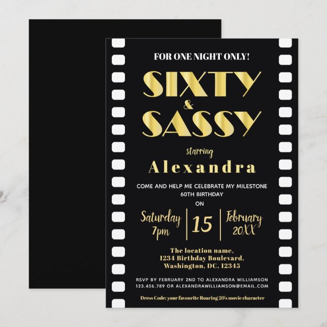 Invitación Sexty y Sassy Gold Black Roaring Estilo de películ (Anverso / Reverso)
