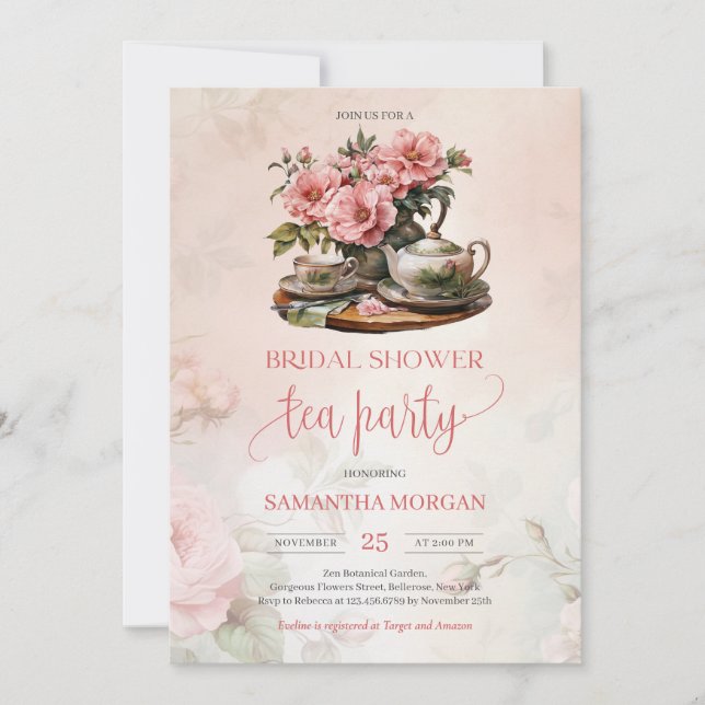 Invitación Shabby Chic acuarela rosa rosa rubor fiesta de té (Anverso)