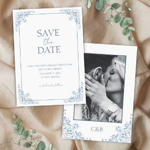 Invitación Shabby Chic Azul y Blanco Mínimo Guardar la fecha