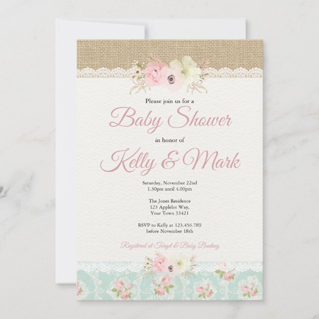 Invitación Shabby Chic Burlap & Lace Chica Baby Shower (Anverso)