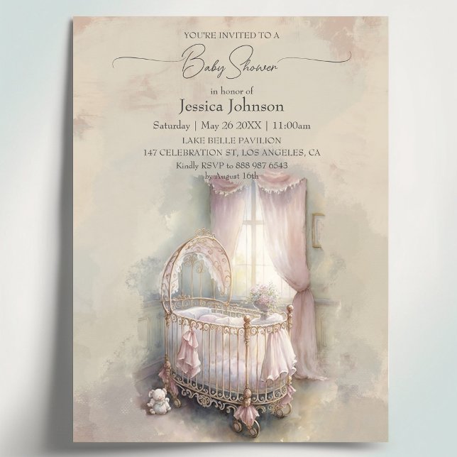 Invitación Shabby Chic cuna de bebé rosa (Subido por el creador)