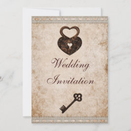 Invitación Shabby Chic Damask Hearts Lock and Key Boda