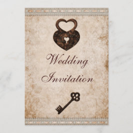 Invitación Shabby Chic Damask Hearts Lock and Key Boda