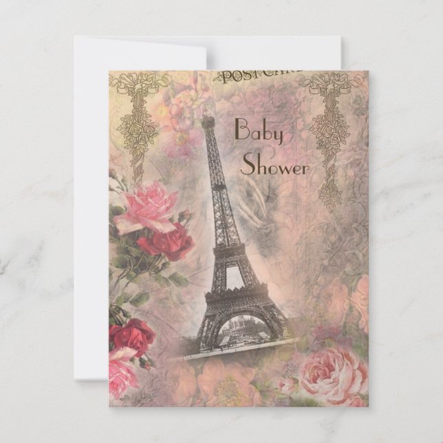 Invitación Shabby Chic Eiffel Tower y Rosas Baby Shower (Anverso)