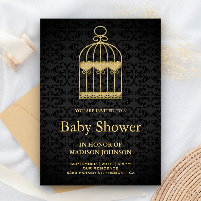 Invitación Shabby Chic Gold Birdcage Baby Shower (Subido por el creador)