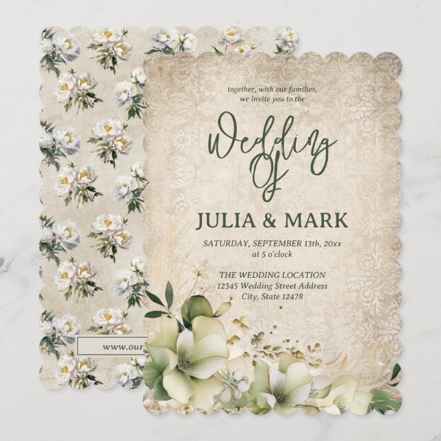 Invitación Shabby Chic Green And Beige Floral Wedding  (Anverso / Reverso)
