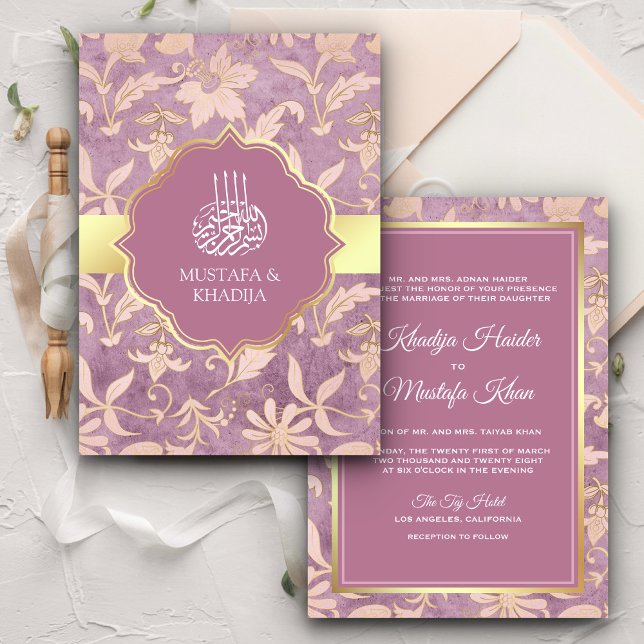 Invitación Shabby Chic Lavender Gold Floral Boda musulmana (Subido por el creador)
