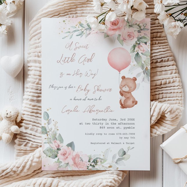 Invitación Shabby Chic Little Bear Rubor Floral Baby Shower (shabby chic baby bear holding a pink balloon blush floral sage greenery baby girl shower invitation)