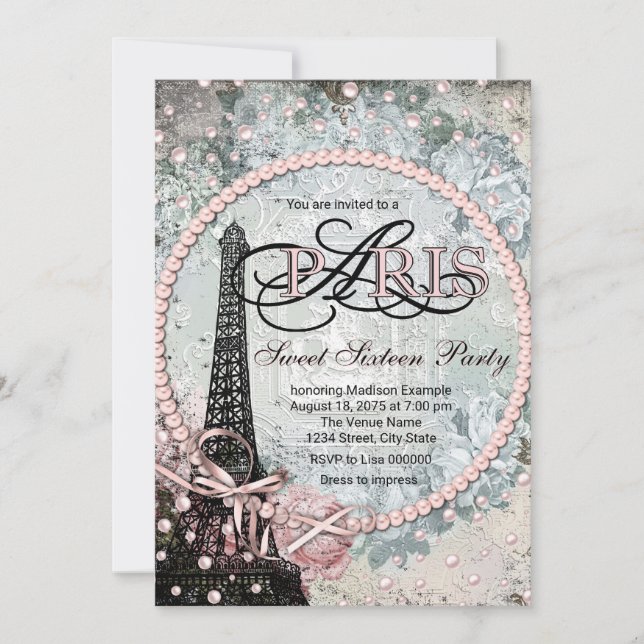 Invitación Shabby Chic Paris Sweet 16 Fiesta (Anverso)
