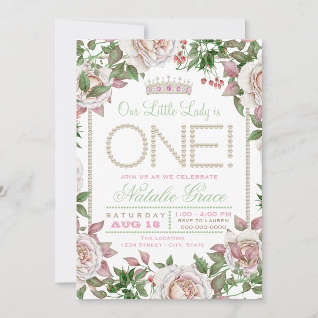 Invitación Shabby Chic Pearl Little Lady 1er cumpleaños (Anverso)