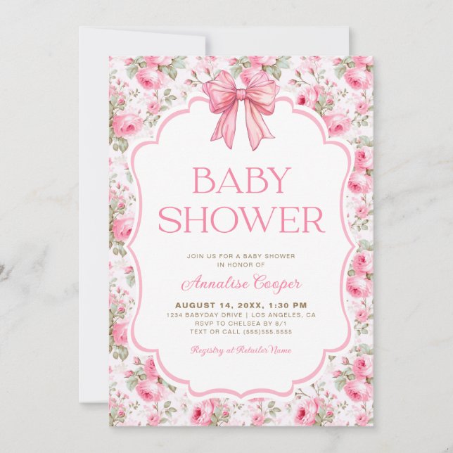 Invitación Shabby Chic Pink Bow Baby Shower (Anverso)
