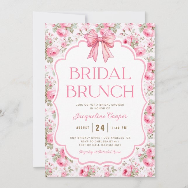 Invitación Shabby Chic Pink Bow Bridal Brunch (Anverso)