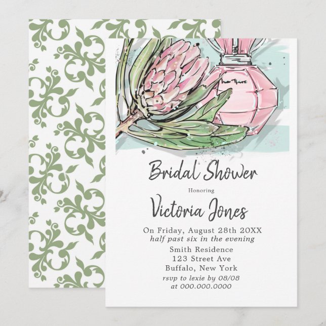 Invitación Shabby Chic Pink Protea Perfume Bridal Shower (Anverso / Reverso)