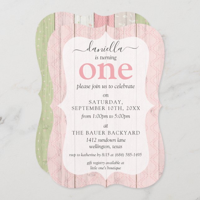 Invitación Shabby Chic Pink & Sage Wood Personalizado Age Cum (Anverso / Reverso)