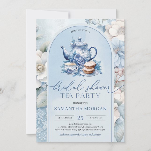 Invitación Shabby chic polvoriento azul y blanco fiesta de té (Anverso)