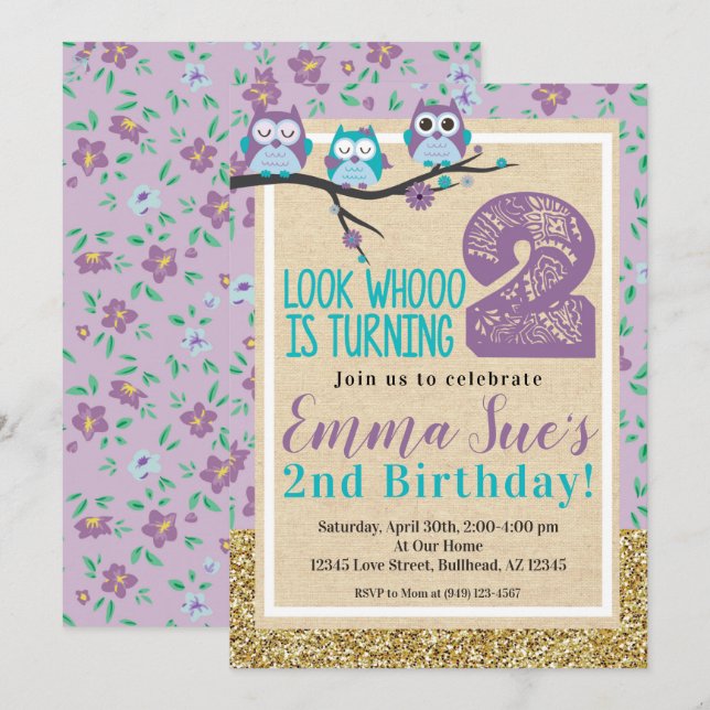 Invitación Shabby Chic Purple Owl Segundo Cumpleaños (Anverso / Reverso)