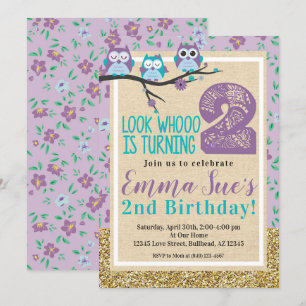 Invitación Shabby Chic Purple Owl Segundo Cumpleaños
