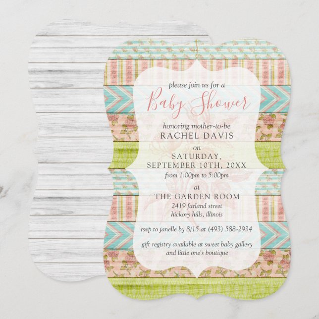 Invitación Shabby Chic Rosas Rustic Wood Floral Baby Shower (Anverso / Reverso)