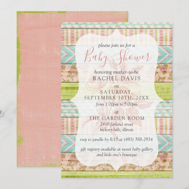 Invitación Shabby Chic Rosas Rustic Wood Floral Baby Shower (Anverso / Reverso)