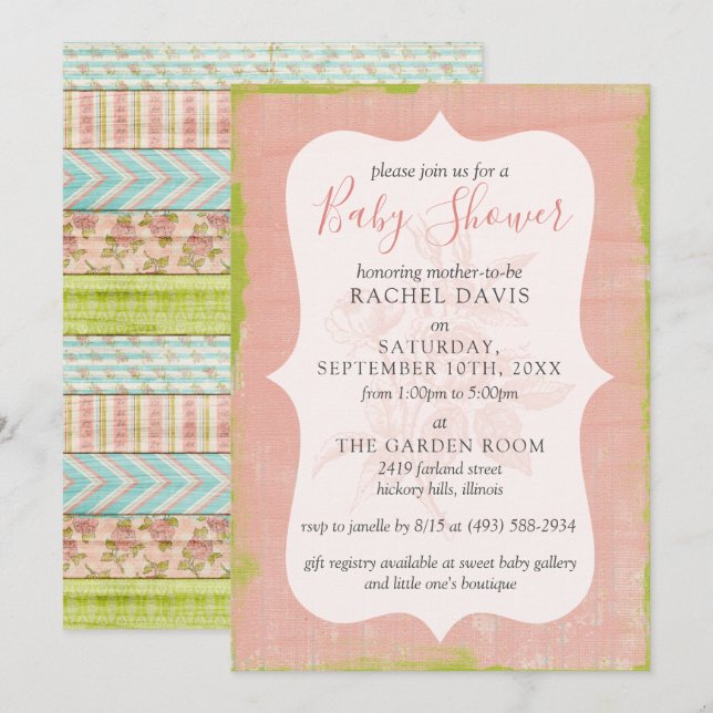 Invitación Shabby Chic Rosas Rustic Wood Floral Baby Shower (Anverso / Reverso)