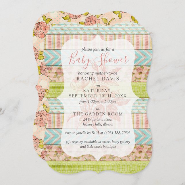 Invitación Shabby Chic Rosas Rustic Wood Floral Baby Shower (Anverso / Reverso)