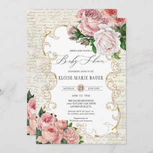 Invitación Shabby Chic Vintage Rosas franceses Baby Shower