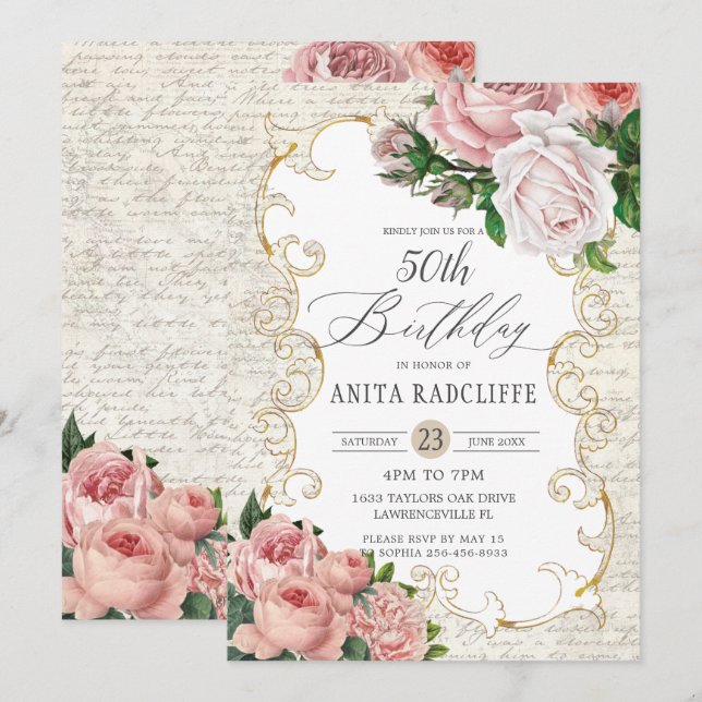 Invitación Shabby Chic Vintage Rosas franceses Cumpleaños CUA (Anverso / Reverso)