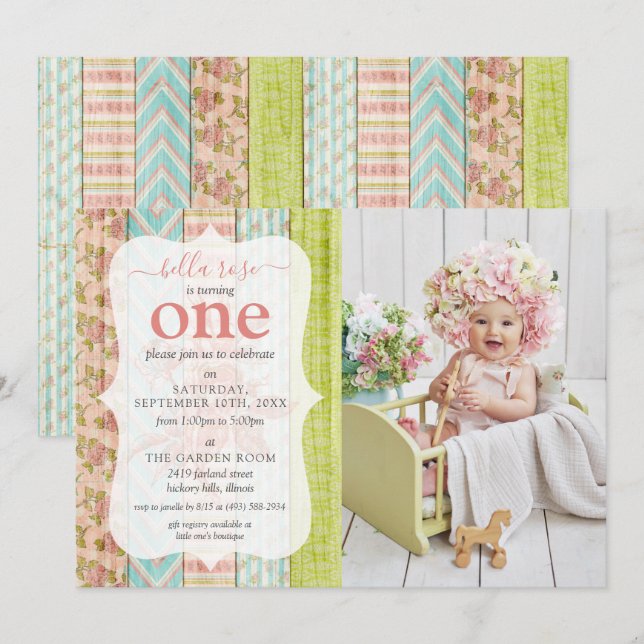 Invitación Shabby Cottage Foto de cumpleaños de bebé rosa ros (Anverso / Reverso)