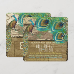 Invitación Shabby Country Peacock Vintage 3 Fethers Old Wood