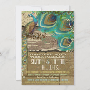 Invitación Shabby Country Peacock Vintage 3 Fethers Old Wood