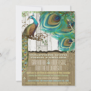 Invitación Shabby Country Peacock Vintage 3 Fethers Old Wood