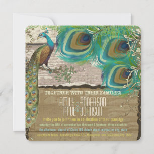 Invitación Shabby Country Peacock Vintage 3 Fethers Old Wood