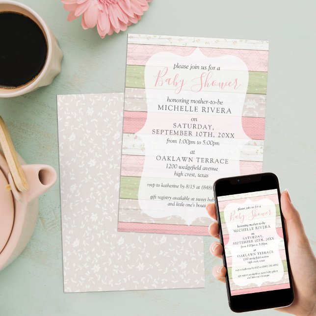 Invitación Shabby Pink & Sage Green Rustic Wood Baby Shower (Subido por el creador)