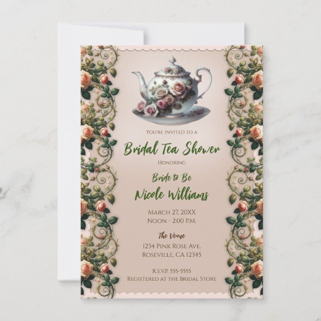Invitación Shabby Rosa Rosa Vines Floral Bridal Tea Shower (Anverso)