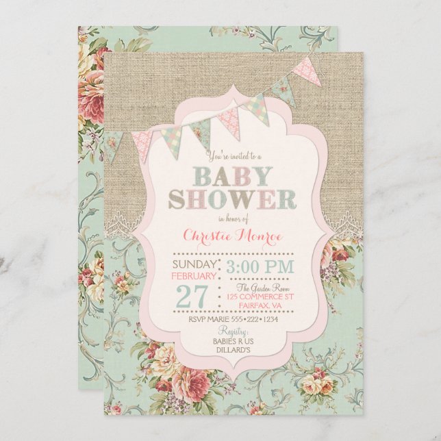 Invitación Shabby Rustic Country Moda Floral Lace Burlap (Anverso / Reverso)