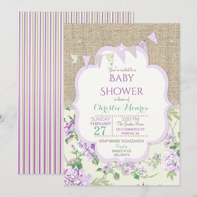 Invitación Shabby Rustic Country Moda Lavender Lace Burlap (Anverso / Reverso)