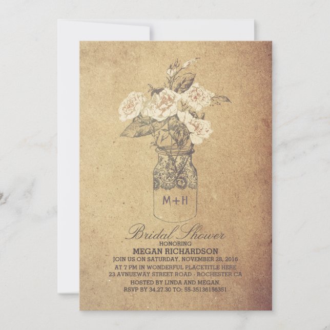 Invitación Shabby Vintage Floral Mason Jar Bridal Shower (Anverso)