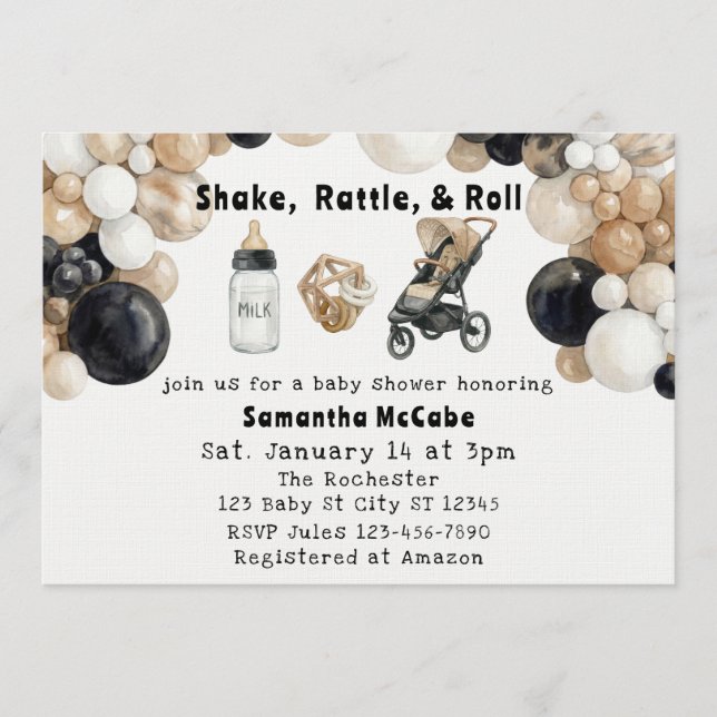 Invitación Shake, Rattle, Roll & Balloon Arch Baby Shower (Anverso)