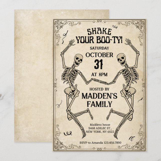 Invitación Shake Your Boo-ty Vintage skeletons Halloween (Anverso / Reverso)