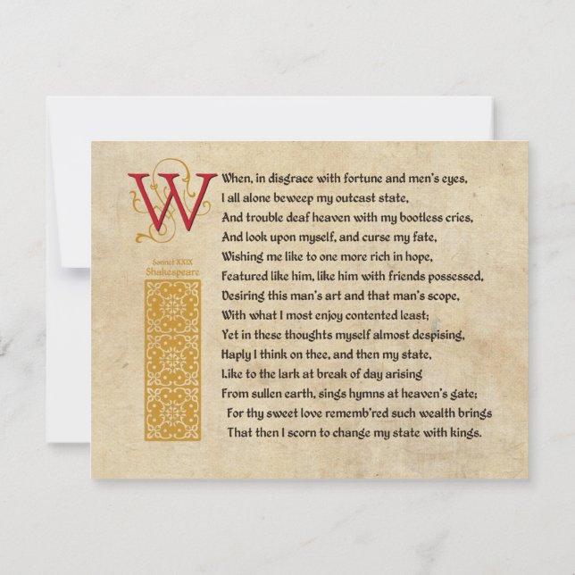Invitación Shakespeare Sonnet 29 (XXIX) sobre pergamino (Reverso)