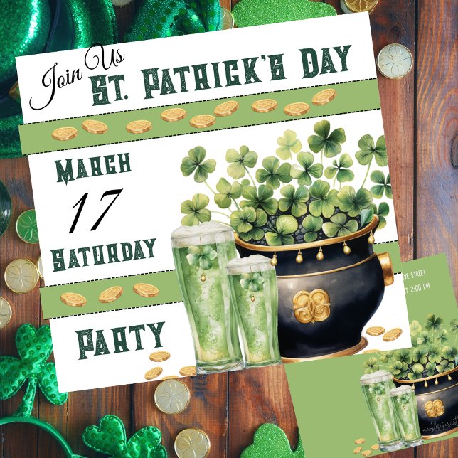 Invitación Shamrock and Green Beer St Patricks Day Fiesta (St Patrick's Day customizable party invitation with green beer and a pot of Irish gold. )